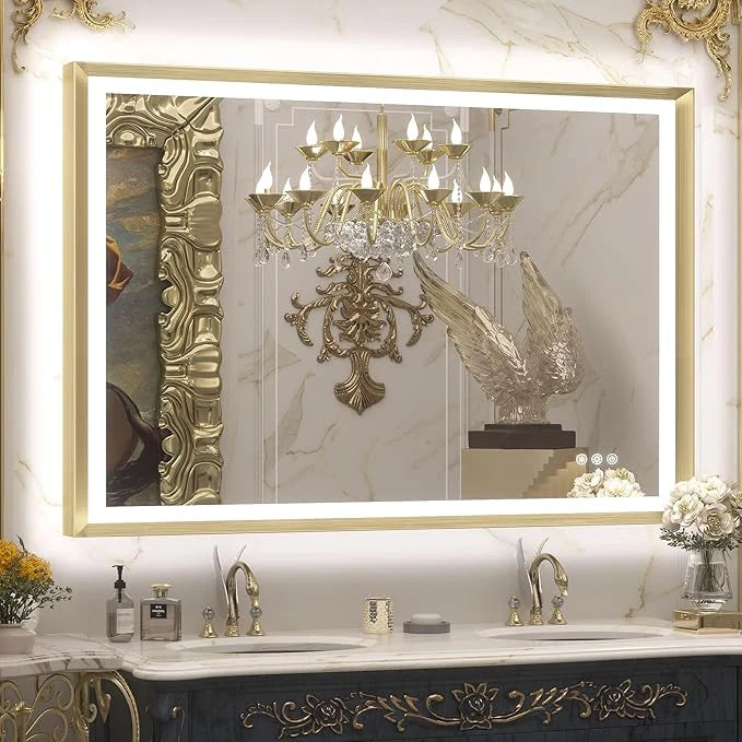 LED Bathroom Vanity Mirror with Frame – Front & Backlit, Aluminum Rectangle, Beveled Edge, 3-Color Stepless Dimmable, Anti-Fog, Memory Function, Wall-Mounted Lighted Mirror
