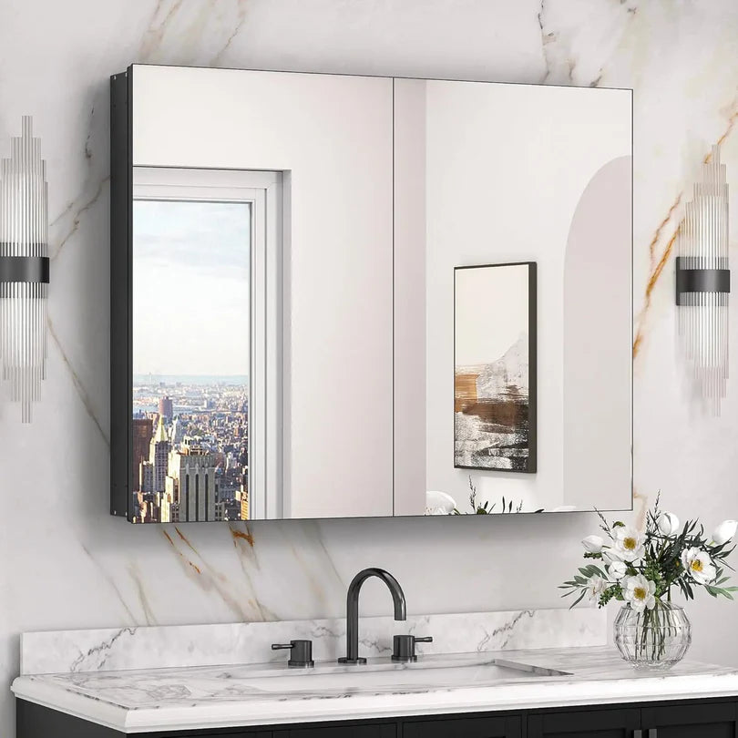 Sleek Medicine Cabinet Mirror with Storage – Aluminum, Tempered Glass, Adjustable Shelves, Surface Mount/Recessed – Modern Farmhouse Style for Bathroom Vanity, Bedroom, and More