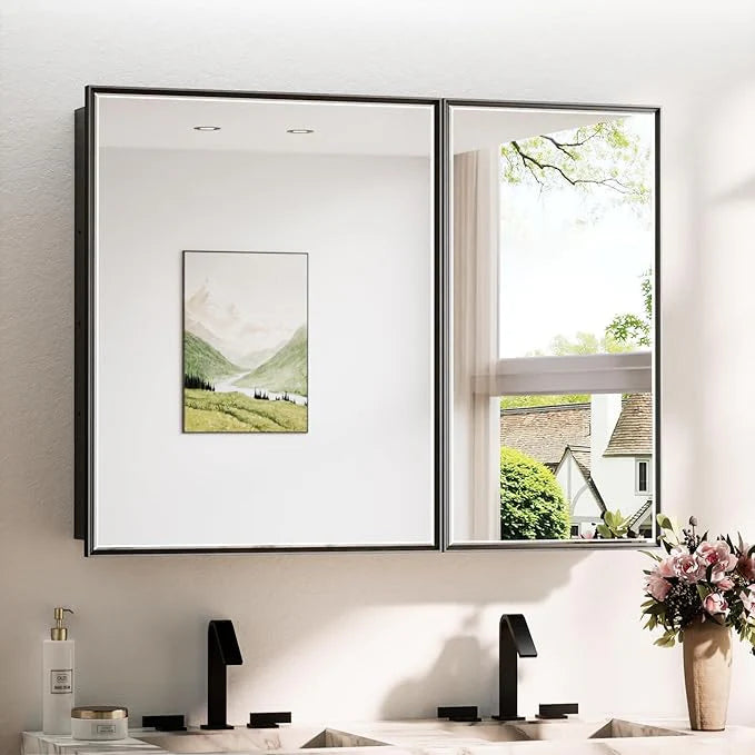 Modern Bathroom Vanity Mirror with Storage – Beveled Metal Frame, Aluminum Alloy Medicine Cabinet with Adjustable Shelves – Ideal for Bathroom, Living room Organization and Stylish Décor