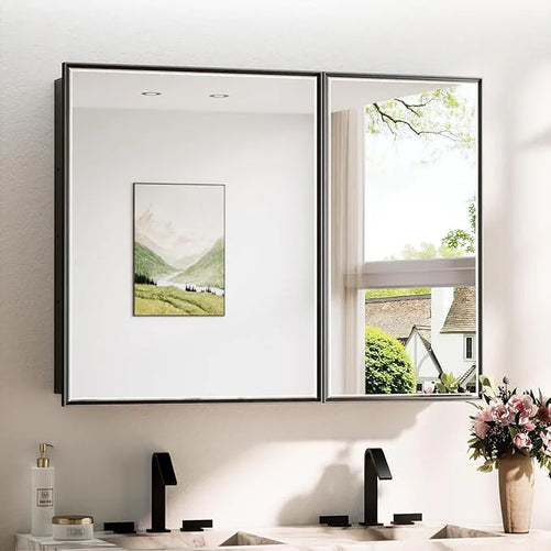 Modern Bathroom Vanity Mirror with Storage – Beveled Metal Frame, Aluminum Alloy Medicine Cabinet with Adjustable Shelves – Ideal for Bathroom, Living room Organization and Stylish Décor