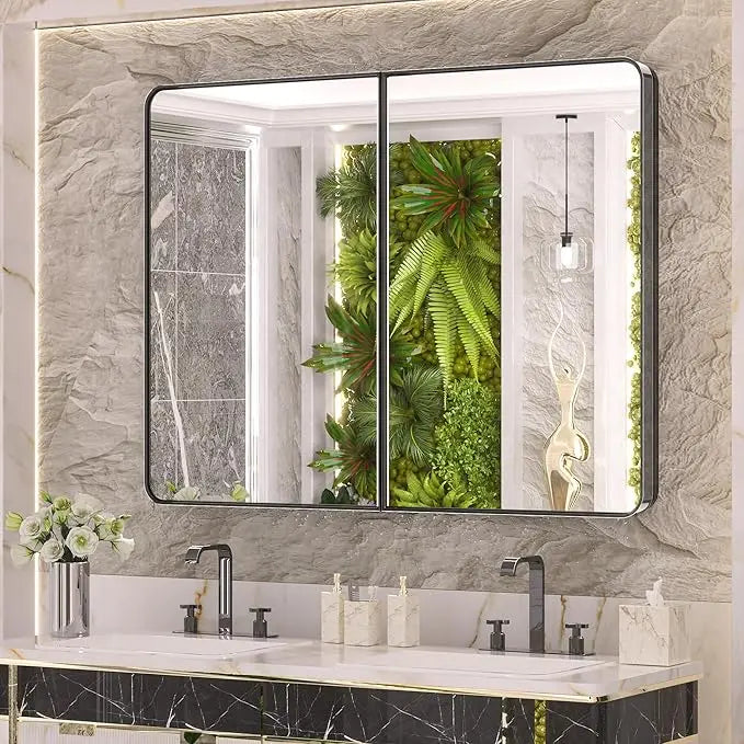 Bathroom Vanity Medicine Cabinet with Mirror – Small Brushed Brass, Stainless Steel Frame, Rounded Rectangle, Adjustable Shelves, Recessed or Surface Mount for Modern Storage