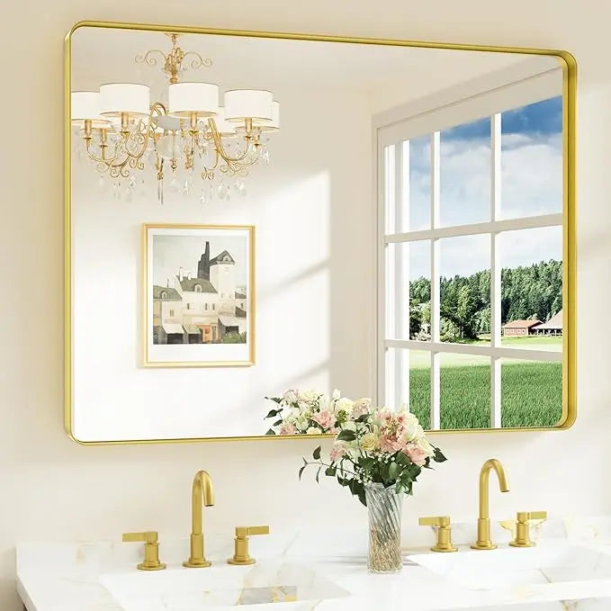 Aluminum Framed Bathroom Vanity Mirror – HD Tempered Glass Wall-Mounted Design, Ideal for Over-the-Sink Use, Supports Horizontal/Vertical Installation for Modern Décor