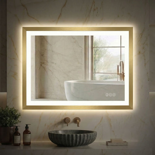 Sleek LED Vanity Mirror – Beveled Edge, 3-Color Dimming, Anti-Fog