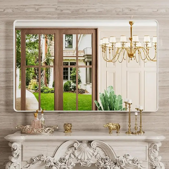 Framed Bathroom Wall Mirror with Non-Rusting Aluminum Alloy in Brushed Metal Finish – Stylish Modern Farmhouse Design for Bedroom, Living Room, or Bathroom