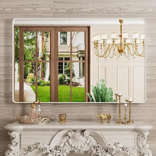 Framed Bathroom Wall Mirror with Non-Rusting Aluminum Alloy in Brushed Metal Finish – Stylish Modern Farmhouse Design for Bedroom, Living Room, or Bathroom