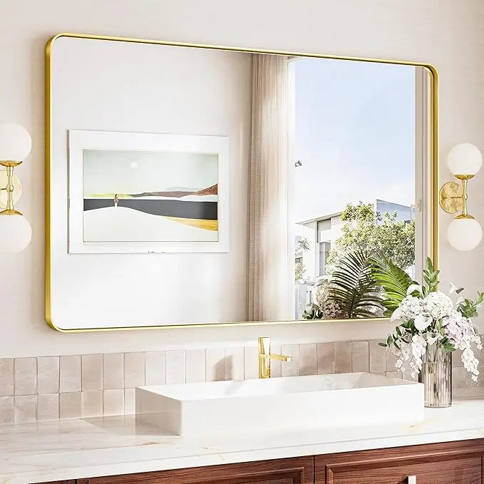Aluminum Framed Bathroom Vanity Mirror – HD Tempered Glass Wall-Mounted Design, Ideal for Over-the-Sink Use, Supports Horizontal/Vertical Installation for Modern Décor