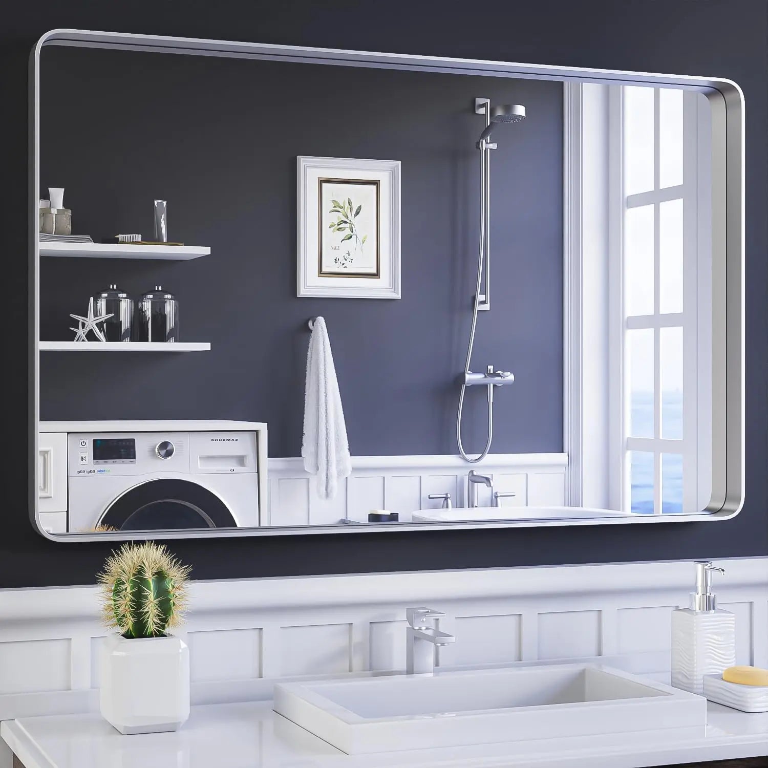 Aluminum Framed Bathroom Vanity Mirror – HD Tempered Glass Wall-Mounted Design, Ideal for Over-the-Sink Use, Supports Horizontal/Vertical Installation for Modern Décor
