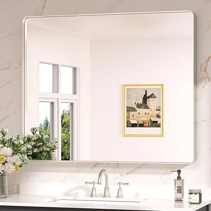 Aluminum Framed Bathroom Vanity Mirror – HD Tempered Glass Wall-Mounted Design, Ideal for Over-the-Sink Use, Supports Horizontal/Vertical Installation for Modern Décor