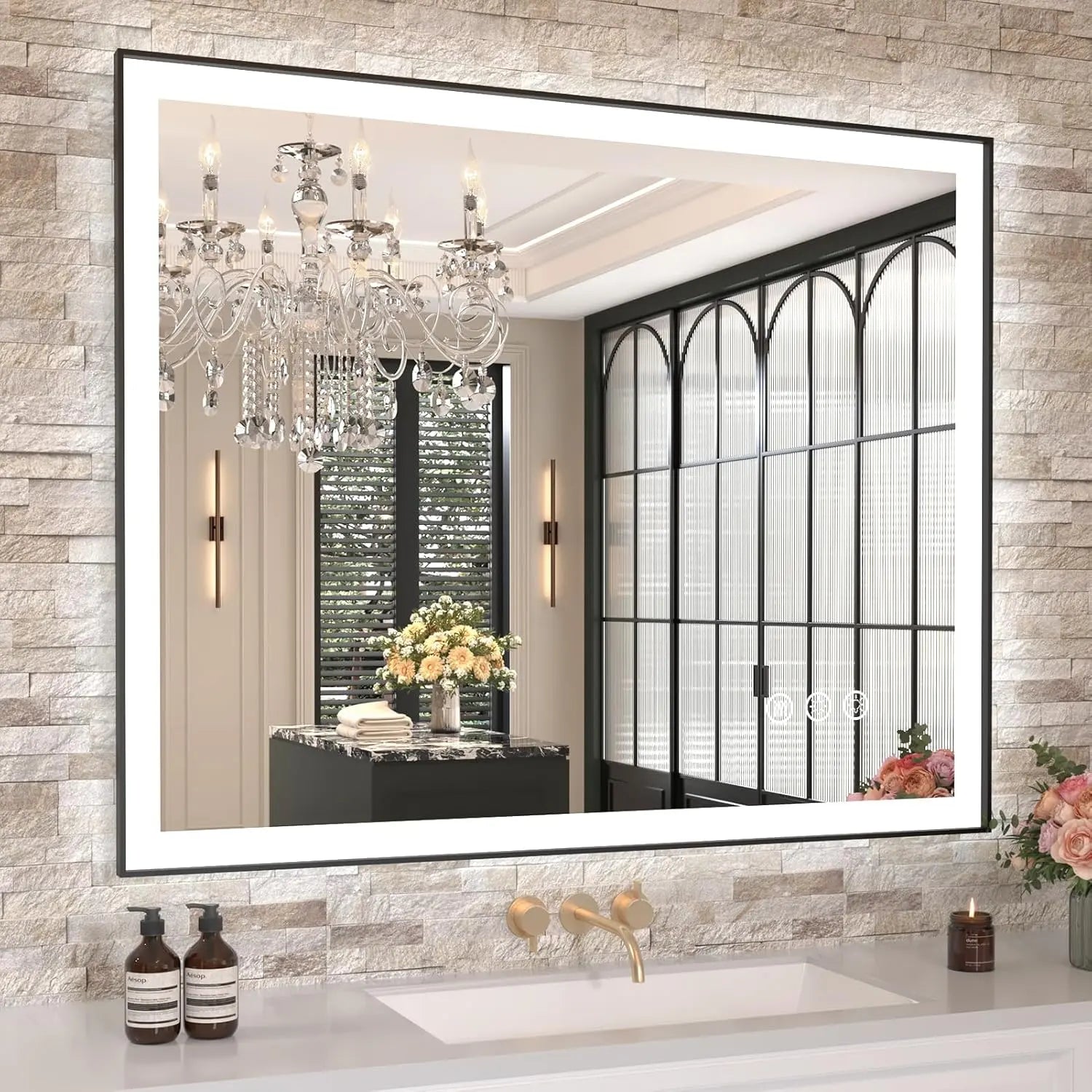 LED Bathroom Vanity Mirror with Frame – Front & Backlit, Aluminum Rectangle, Beveled Edge, 3-Color Stepless Dimmable, Anti-Fog, Memory Function, Wall-Mounted Lighted Mirror