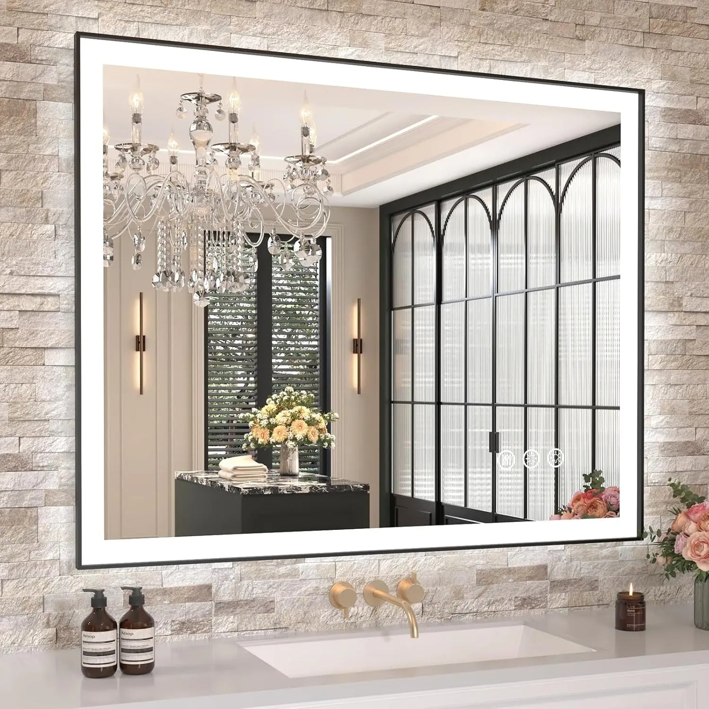 LED Bathroom Vanity Mirror with Frame – Front & Backlit, Aluminum Rectangle, Beveled Edge, 3-Color Stepless Dimmable, Anti-Fog, Memory Function, Wall-Mounted Lighted Mirror