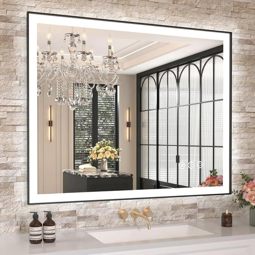 LED Bathroom Vanity Mirror with Frame – Front & Backlit, Aluminum Rectangle, Beveled Edge, 3-Color Stepless Dimmable, Anti-Fog, Memory Function, Wall-Mounted Lighted Mirror
