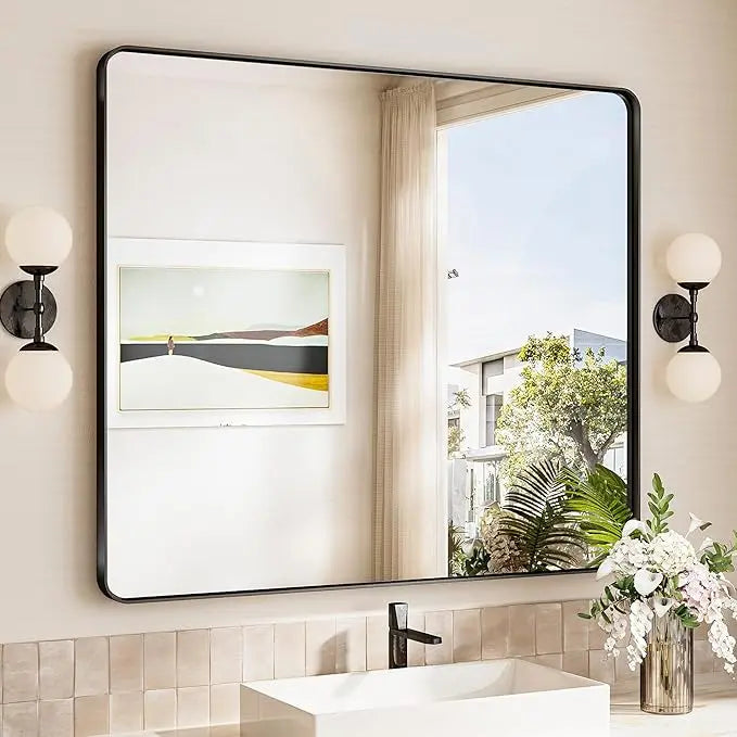 Aluminum Framed Bathroom Vanity Mirror – HD Tempered Glass Wall-Mounted Design, Ideal for Over-the-Sink Use, Supports Horizontal/Vertical Installation for Modern Décor