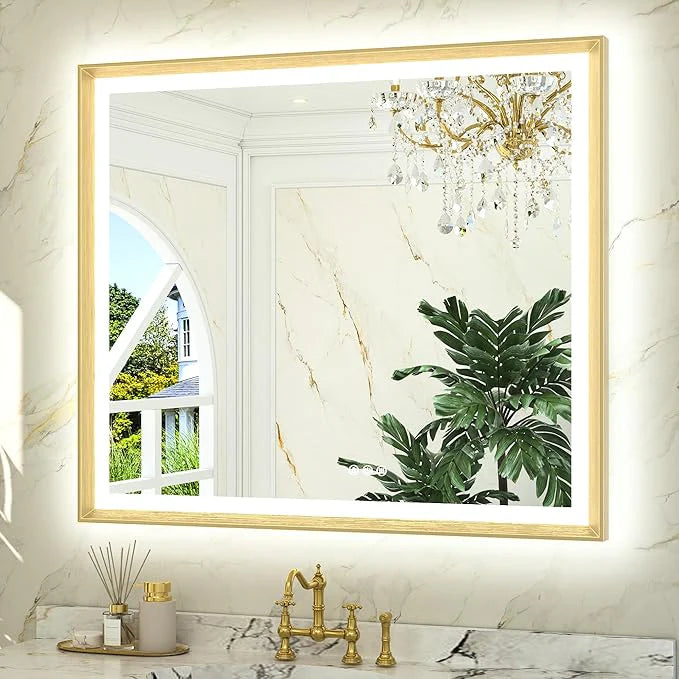 LED Bathroom Vanity Mirror with Frame – Front & Backlit, Aluminum Rectangle, Beveled Edge, 3-Color Stepless Dimmable, Anti-Fog, Memory Function, Wall-Mounted Lighted Mirror