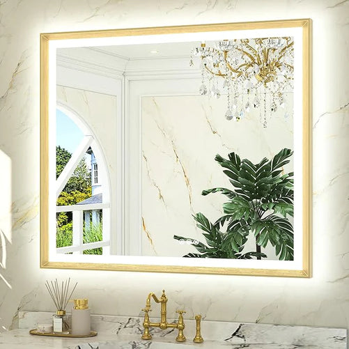 LED Bathroom Vanity Mirror with Frame – Front & Backlit, Aluminum Rectangle, Beveled Edge, 3-Color Stepless Dimmable, Anti-Fog, Memory Function, Wall-Mounted Lighted Mirror