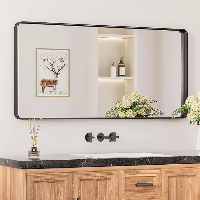 Aluminum Framed Bathroom Vanity Mirror – HD Tempered Glass Wall-Mounted Design, Ideal for Over-the-Sink Use, Supports Horizontal/Vertical Installation for Modern Décor