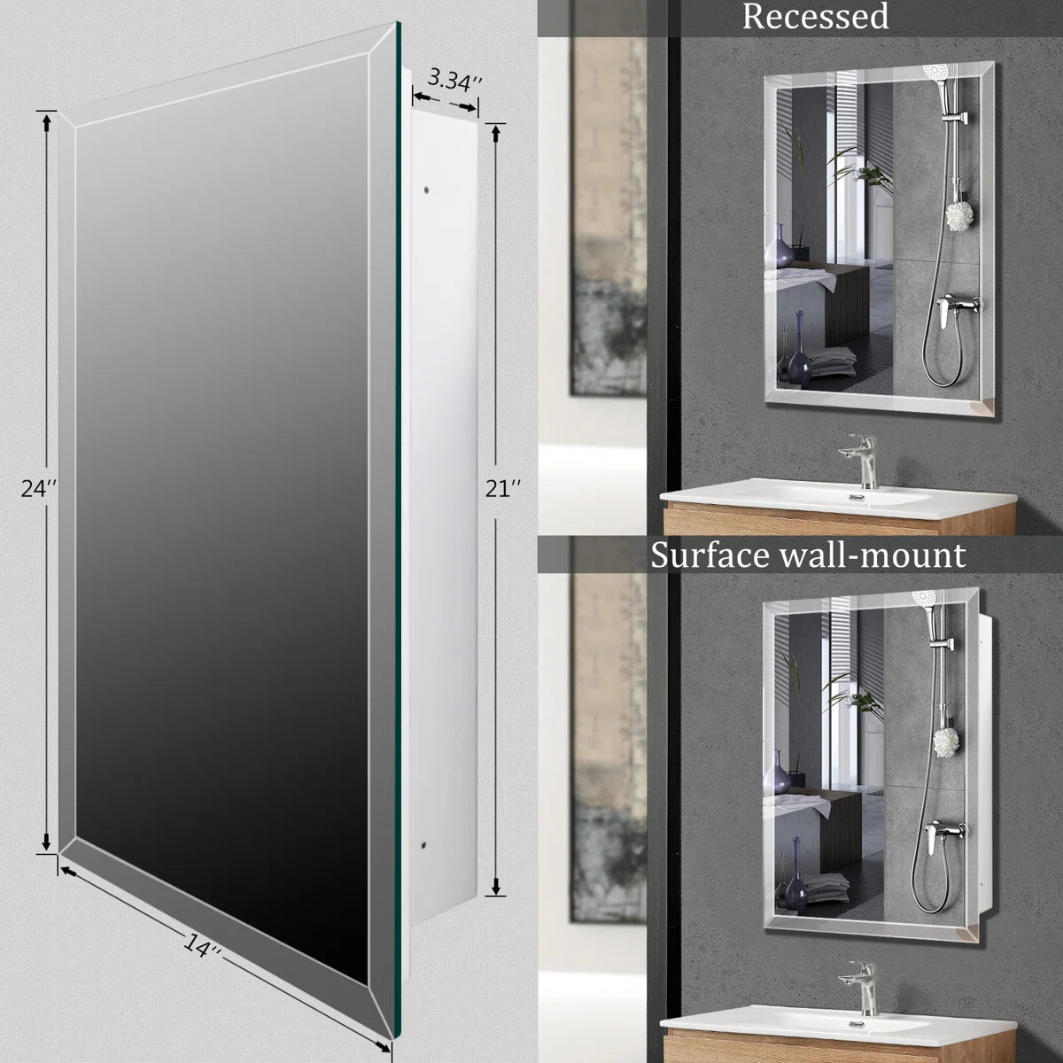 Bathroom or Vanity Medicine Cabinet with Single Door – Frameless Beveled Mirror, Rectangular Wall-Mounted Cabinet for Bathroom, Toilet, or Kitchen, Recessed/Surface Mount