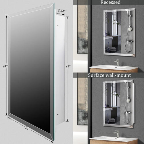 Bathroom or Vanity Medicine Cabinet with Single Door – Frameless Beveled Mirror, Rectangular Wall-Mounted Cabinet for Bathroom, Toilet, or Kitchen, Recessed/Surface Mount