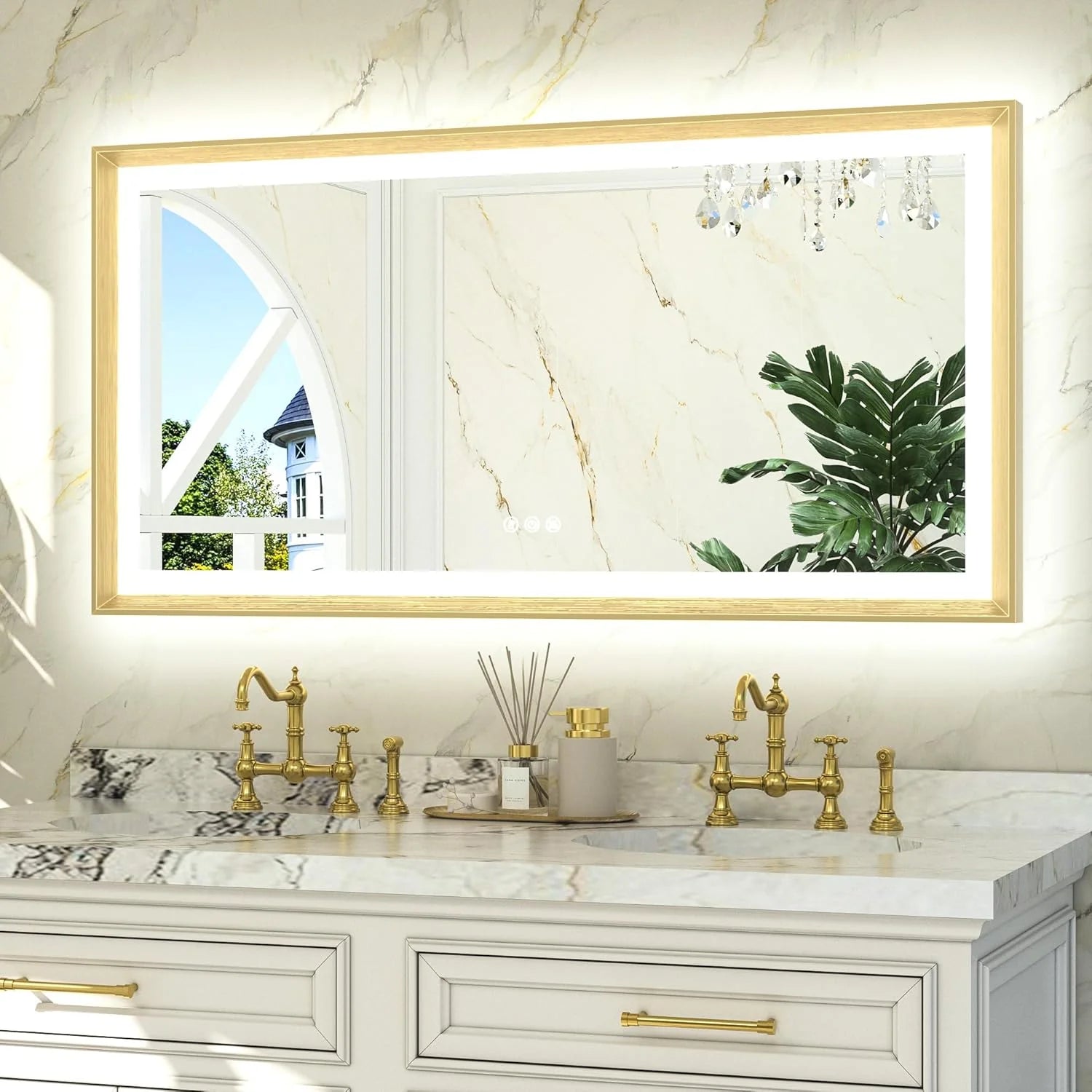 LED Bathroom Vanity Mirror with Frame – Front & Backlit, Aluminum Rectangle, Beveled Edge, 3-Color Stepless Dimmable, Anti-Fog, Memory Function, Wall-Mounted Lighted Mirror