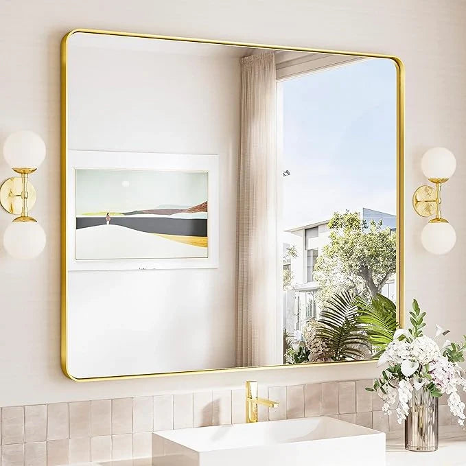 Aluminum Framed Bathroom Vanity Mirror – HD Tempered Glass Wall-Mounted Design, Ideal for Over-the-Sink Use, Supports Horizontal/Vertical Installation for Modern Décor