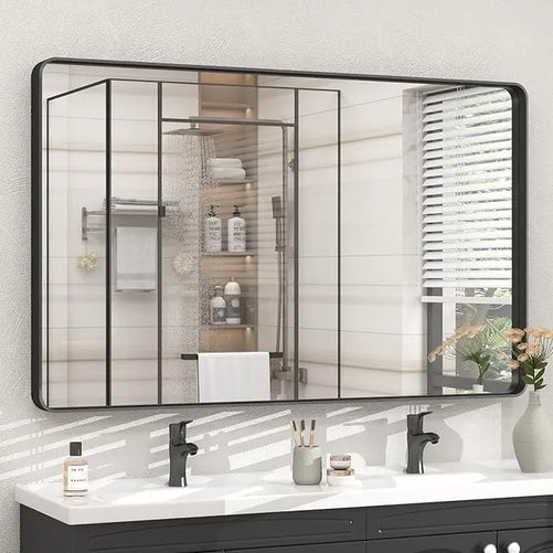 Aluminum Framed Bathroom Vanity Mirror – HD Tempered Glass Wall-Mounted Design, Ideal for Over-the-Sink Use, Supports Horizontal/Vertical Installation for Modern Décor