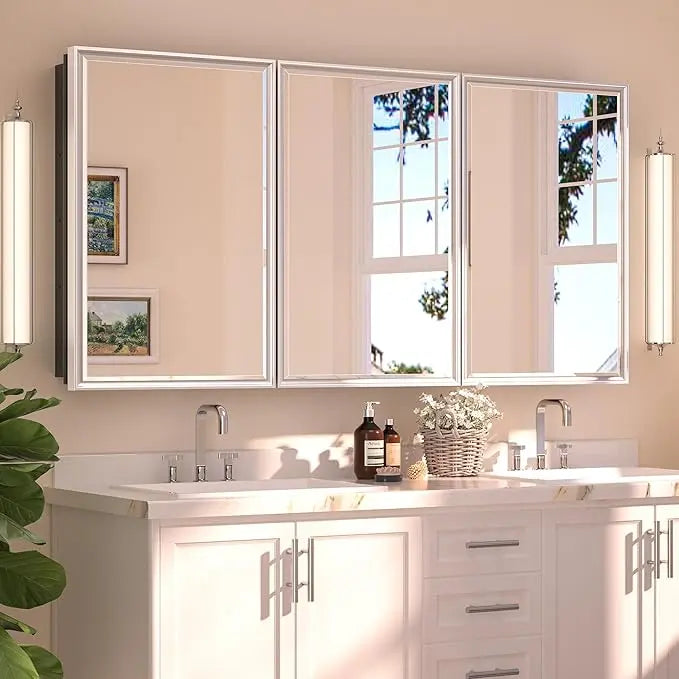 Modern Bathroom Vanity Mirror with Storage – Beveled Metal Frame, Aluminum Alloy Medicine Cabinet with Adjustable Shelves – Ideal for Bathroom, Living room Organization and Stylish Décor