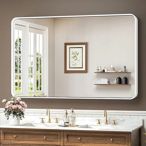 Aluminum Framed Bathroom Vanity Mirror – HD Tempered Glass Wall-Mounted Design, Ideal for Over-the-Sink Use, Supports Horizontal/Vertical Installation for Modern Décor