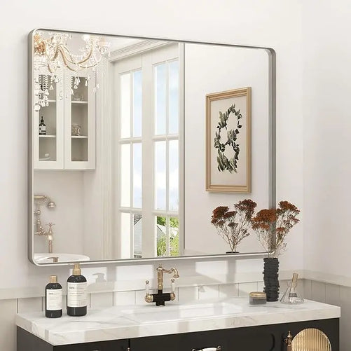 Aluminum Framed Bathroom Vanity Mirror – HD Tempered Glass Wall-Mounted Design, Ideal for Over-the-Sink Use, Supports Horizontal/Vertical Installation for Modern Décor