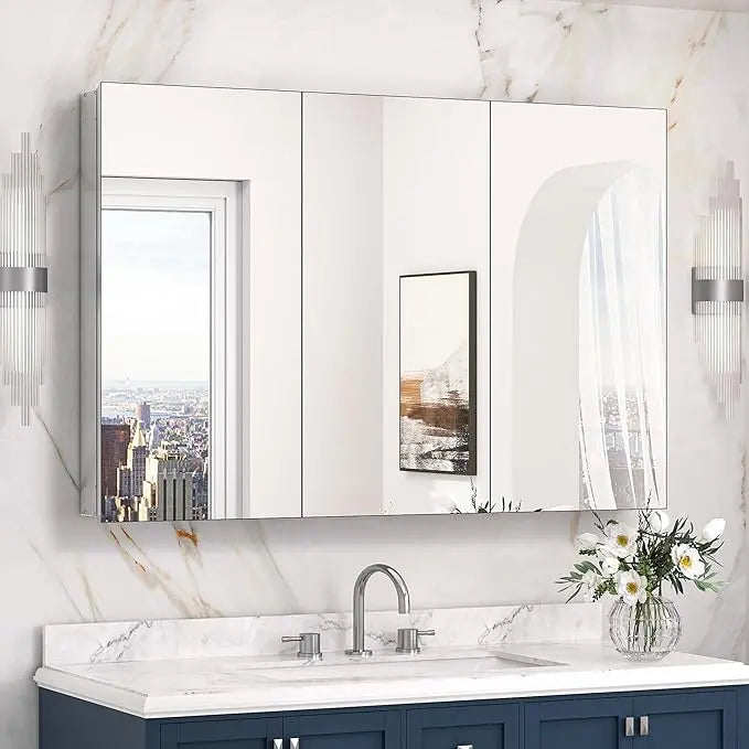 Sleek Medicine Cabinet Mirror with Storage – Aluminum, Tempered Glass, Adjustable Shelves, Surface Mount/Recessed – Modern Farmhouse Style for Bathroom Vanity, Bedroom, and More