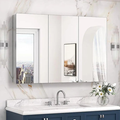 Sleek Medicine Cabinet Mirror with Storage – Aluminum, Tempered Glass, Adjustable Shelves, Surface Mount/Recessed – Modern Farmhouse Style for Bathroom Vanity, Bedroom, and More