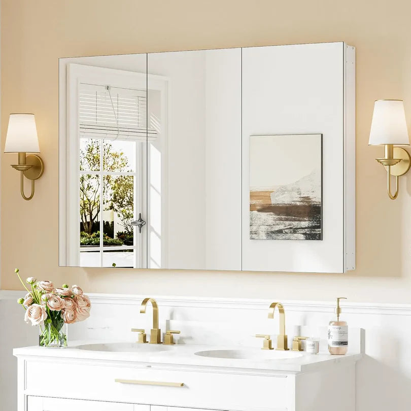 Sleek Medicine Cabinet Mirror with Storage – Aluminum, Tempered Glass, Adjustable Shelves, Surface Mount/Recessed – Modern Farmhouse Style for Bathroom Vanity, Bedroom, and More