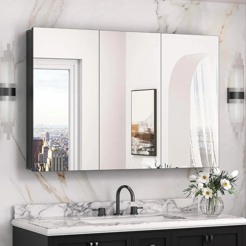 Sleek Medicine Cabinet Mirror with Storage – Aluminum, Tempered Glass, Adjustable Shelves, Surface Mount/Recessed – Modern Farmhouse Style for Bathroom Vanity, Bedroom, and More