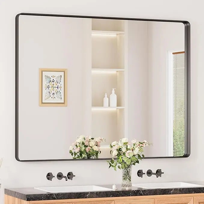 Aluminum Framed Bathroom Vanity Mirror – HD Tempered Glass Wall-Mounted Design, Ideal for Over-the-Sink Use, Supports Horizontal/Vertical Installation for Modern Décor