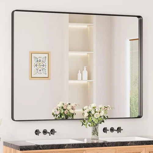 Aluminum Framed Bathroom Vanity Mirror – HD Tempered Glass Wall-Mounted Design, Ideal for Over-the-Sink Use, Supports Horizontal/Vertical Installation for Modern Décor