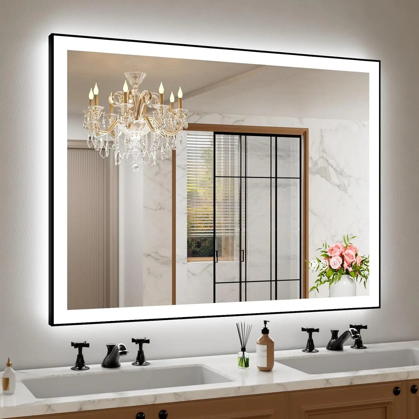 LED Bathroom Vanity Mirror with Frame – Front & Backlit, Aluminum Rectangle, Beveled Edge, 3-Color Stepless Dimmable, Anti-Fog, Memory Function, Wall-Mounted Lighted Mirror