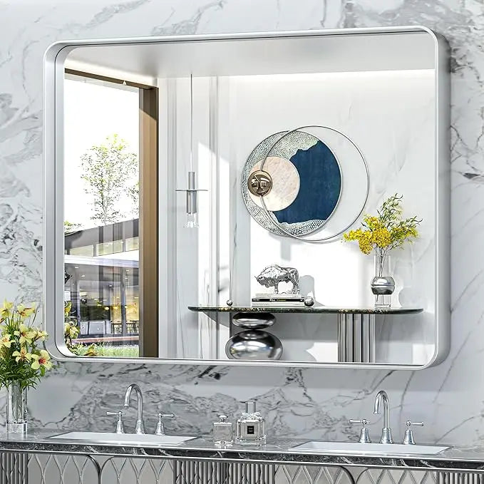 Aluminum Framed Bathroom Vanity Mirror – HD Tempered Glass Wall-Mounted Design, Ideal for Over-the-Sink Use, Supports Horizontal/Vertical Installation for Modern Décor