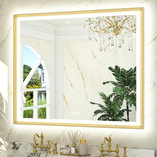 LED Bathroom Vanity Mirror with Frame – Front & Backlit, Aluminum Rectangle, Beveled Edge, 3-Color Stepless Dimmable, Anti-Fog, Memory Function, Wall-Mounted Lighted Mirror