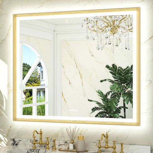 LED Bathroom Vanity Mirror with Frame – Front & Backlit, Aluminum Rectangle, Beveled Edge, 3-Color Stepless Dimmable, Anti-Fog, Memory Function, Wall-Mounted Lighted Mirror