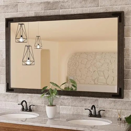 Wood Frame Bathroom Vanity Mirror for Wall – Farmhouse Vanity Mirror for Over Sink, Horizontal/Vertical Mount, Decorative Wooden Mirror for Bathroom, Living Room, Bedroom, Entryway