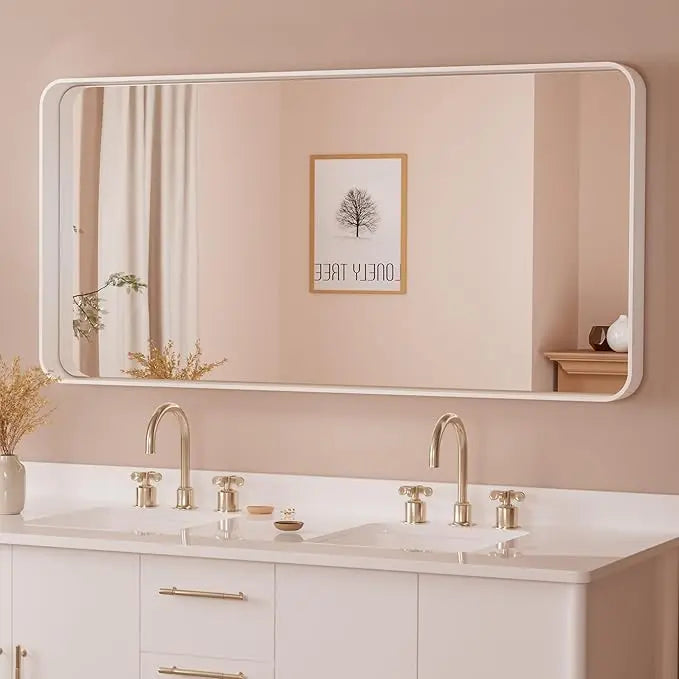 Framed Bathroom Wall Mirror with Non-Rusting Aluminum Alloy in Brushed Metal Finish – Stylish Modern Farmhouse Design for Bedroom, Living Room, or Bathroom