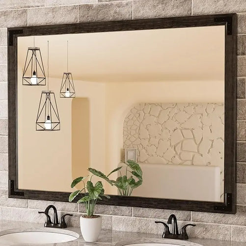 Wood Frame Bathroom Vanity Mirror for Wall – Farmhouse Vanity Mirror for Over Sink, Horizontal/Vertical Mount, Decorative Wooden Mirror for Bathroom, Living Room, Bedroom, Entryway