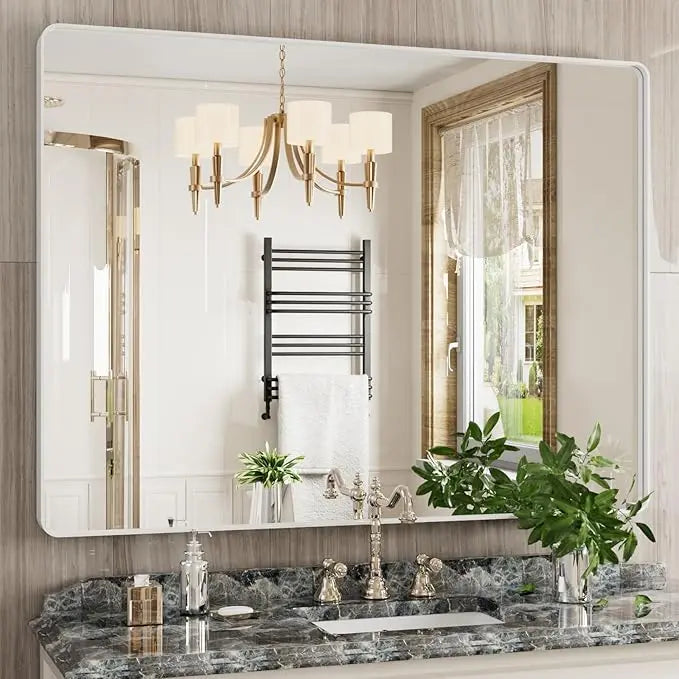 Framed Bathroom Wall Mirror with Non-Rusting Aluminum Alloy in Brushed Metal Finish – Stylish Modern Farmhouse Design for Bedroom, Living Room, or Bathroom