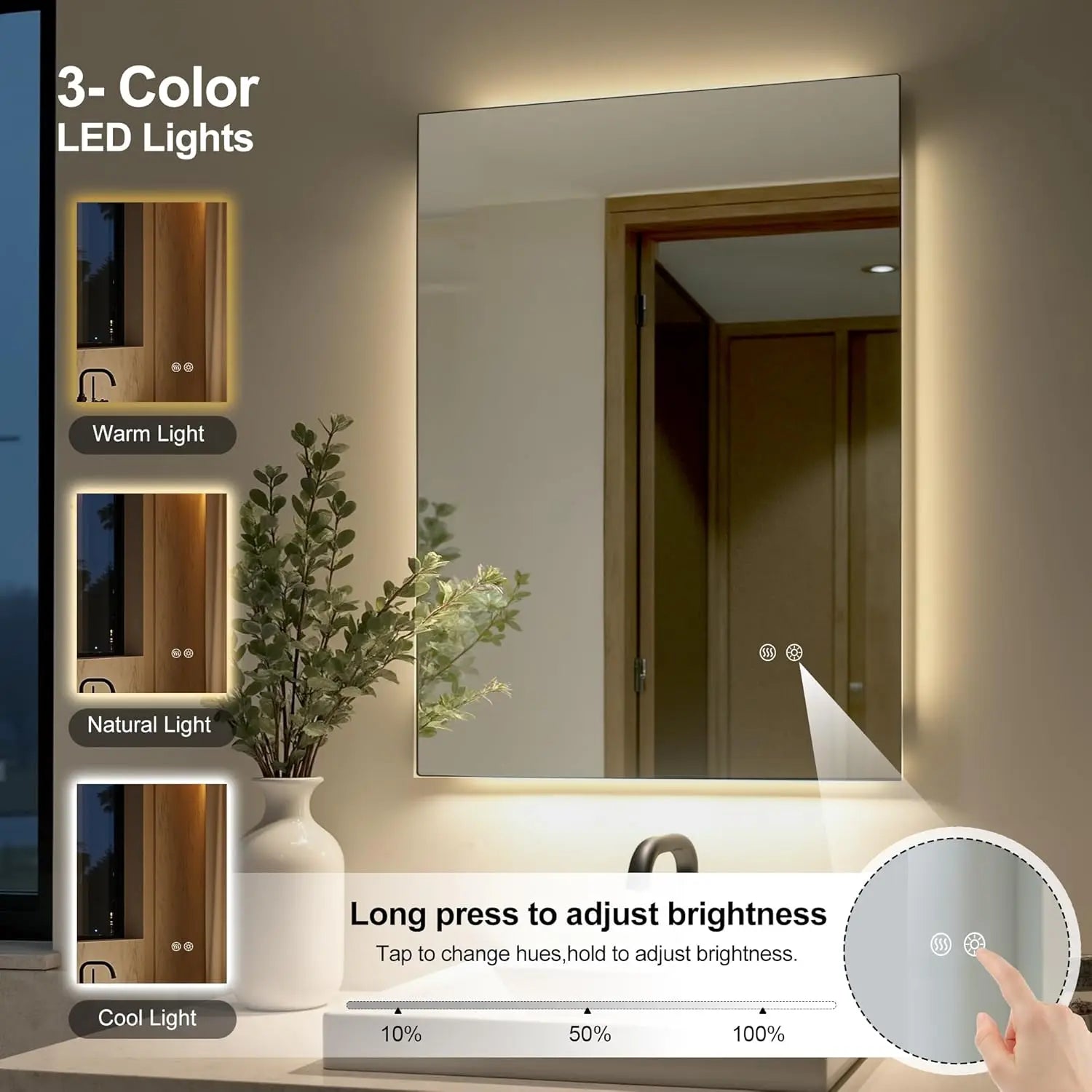 LED Backlit Bathroom Vanity Mirror – Anti-Fog Lighted Vanity Mirror, Stepless Dimmable, CRI 90+, IP54 Waterproof, Wall Mounted, Horizontal or Vertical Installation for Modern Bathroom