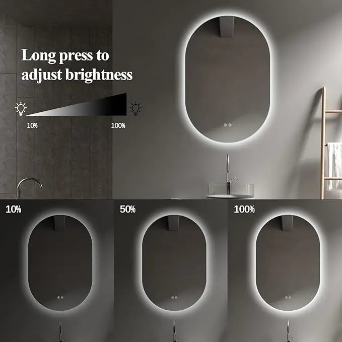 Oval LED Bathroom Vanity Mirror – Wall-Mounted Lighted Mirror with Anti-Fog, Dimmable Brightness, Touch Sensor, Long Design for Makeup, Usable Horizontally or Vertically