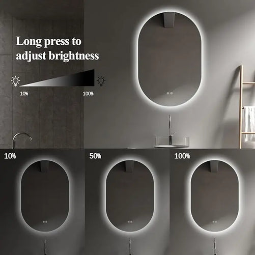 Oval LED Bathroom Vanity Mirror – Wall-Mounted Lighted Mirror with Anti-Fog, Dimmable Brightness, Touch Sensor, Long Design for Makeup, Usable Horizontally or Vertically