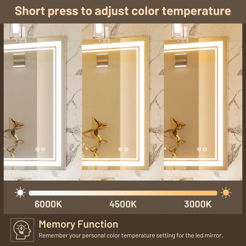 Bathroom Vanity  LED Mirror with Lights – Frontlit & Backlit, Anti-Fog, 3-Color Stepless Dimmable, Memory Function, Shatterproof, CRI 90+, UL Listed Driver – Modern Vanity Mirror