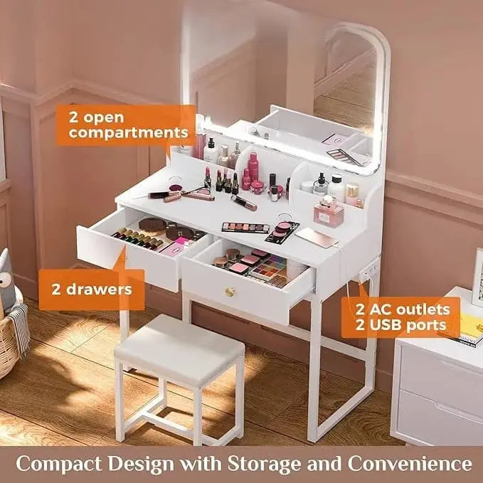 Vanity Desk with Mirror and Lights – LED Makeup Vanity Table Set with Chair, 2 Drawers, 2 Trays, Power Outlet, CRI>90, 7000 Lux Lighted Mirror for Dressing Room or Bedroom