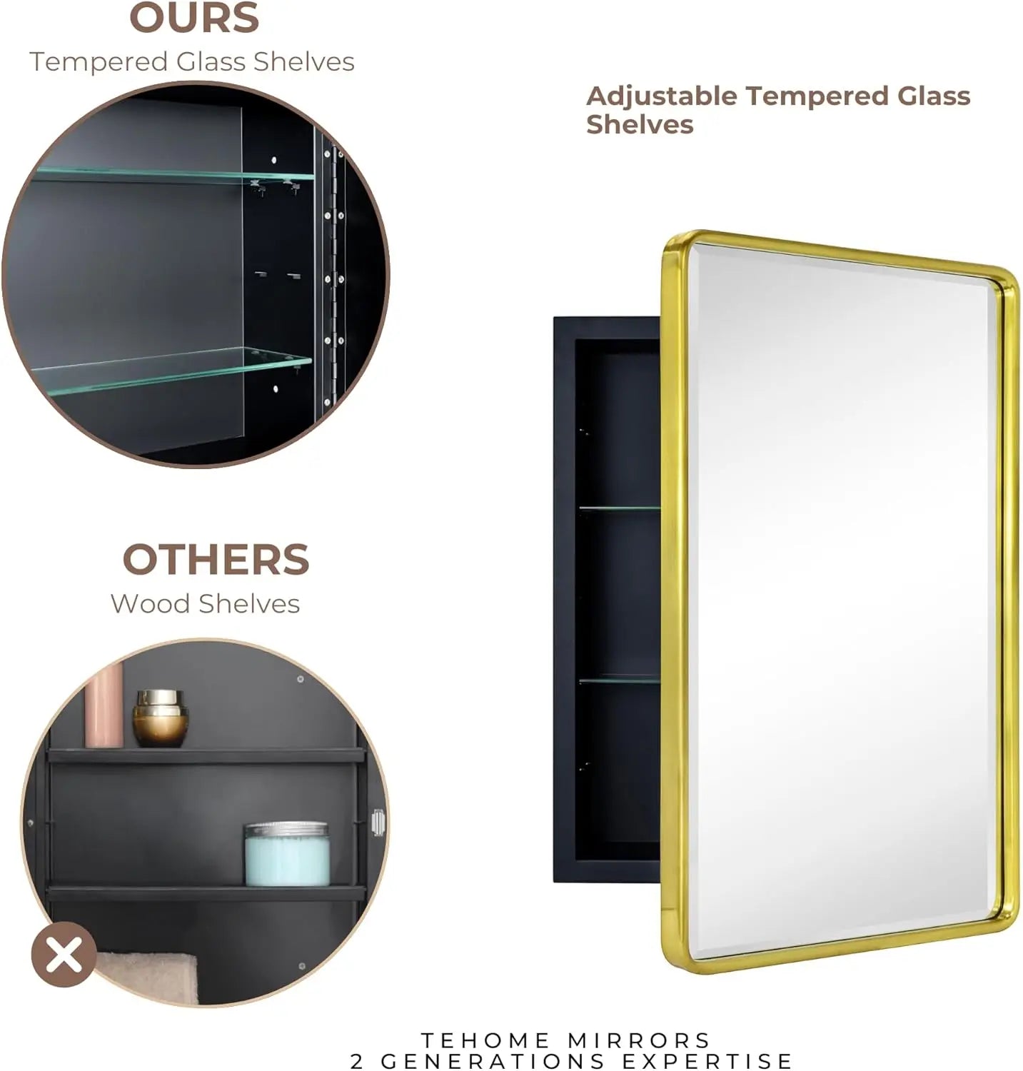 Bathroom Vanity Medicine Cabinet with Mirror – Small Brushed Brass, Stainless Steel Frame, Rounded Rectangle, Adjustable Shelves, Recessed or Surface Mount for Modern Storage