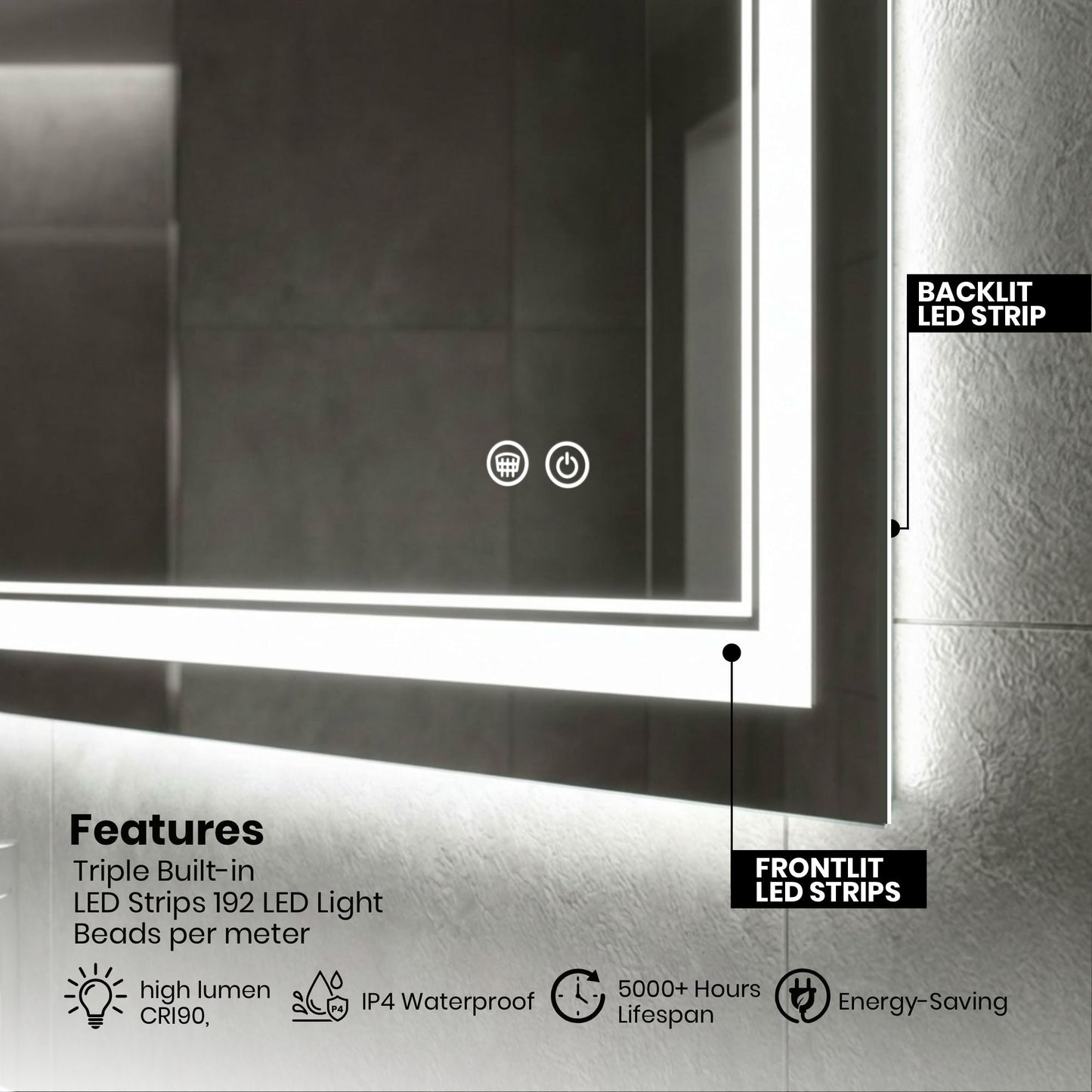 Dimmable Double LED Bathroom Mirror – Front & Backlit, Anti-Fog
