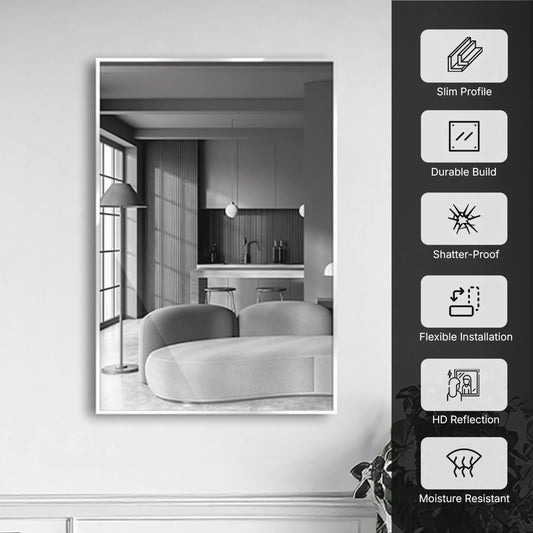 22x34” Modern Rectangular Mirror – Brushed Nickel Frame, Stylish Wall Vanity Mirror