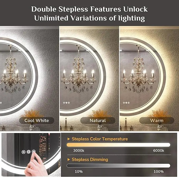 LED Round Bathroom Vanity Mirror – Front & Backlit Vanity Mirror with Double Light Strip, 3-Color Dimmable, CRI 90+, Anti-Fog, Memory Function, Wall-Mount Makeup Mirror